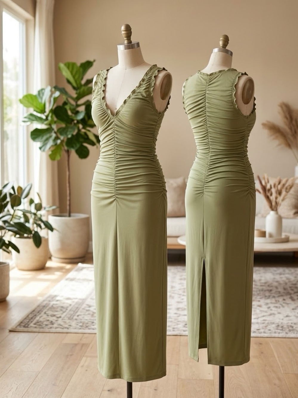 Zara Sage Ruched V-Neck Midi Dress